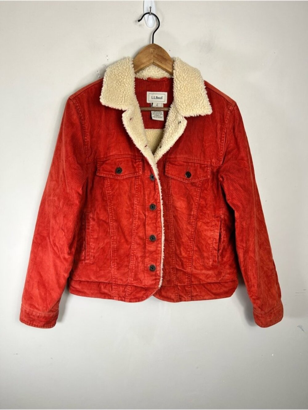 LL Bean Corduroy Trucker Jacket Womens Small Burnt Orange Sherpa Lined Retro